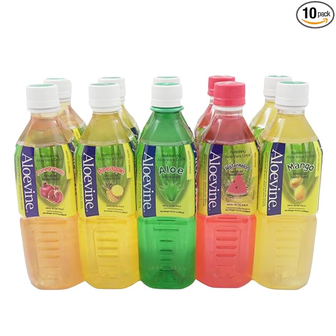 Aloevine Aloe Vera Drink juice l variety |16.9 oz. pack of 10 l 2 original 2 watermelon 2 mango 2 pomegranate 2 pineapple | plant based Vegetable Korean drinks
