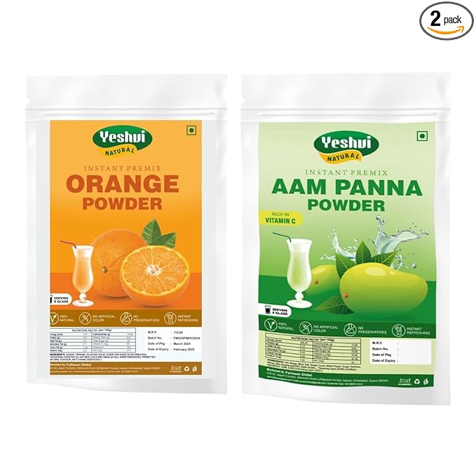 Yeshvi NATURAL Orange &amp Aam panna powder Instant Drink Powder Tangy &amp Sweet Taste Made with Dry Mango &amp Orange Summer Drink Fruit Juice for Adults Each 100g Pack of 2