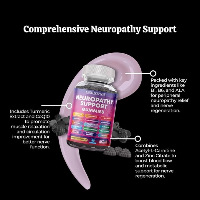 Sugar Free Neuropathy Support Gummies for Nerve – Enhanced Nerve Health Regeneration Cognitive Support with Vitamin B1 B6 B12 Magnesium ALA Turmeric CoQ10 &amp More