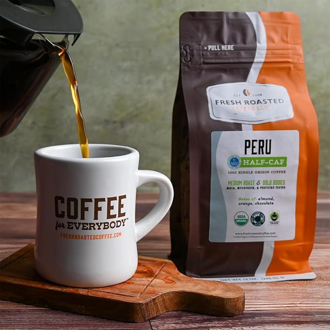 Fresh Roasted Coffee USDA Organic Peru Water-Processed Half-Caf | 3rd Party Tested for Pesticides Mold Mycotoxins Kosher | 100% Arabica Specialty Grade Med Roast 12 oz Ground