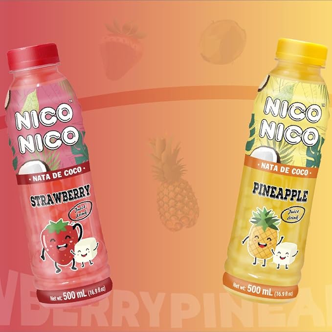 NICONICO COCONUT GEL JUICE DRINK-VARIETY PACK [16.9 fl oz Pack of 12 (3 bottle of each Mango/Lychee/Strawberry/Pineapple)] Refreshing 30% Fruit Juice Drink with Coconut Gel