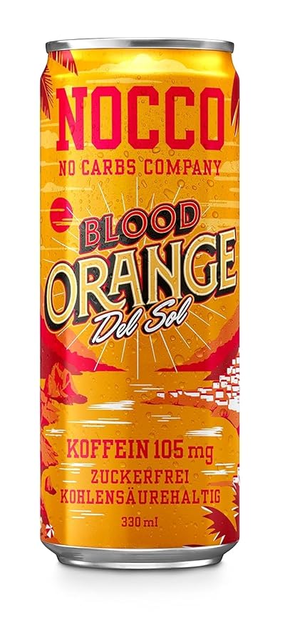 NOCCO BCAA DRINK | Blood Orange Del Sol 330 ml | BCAA | 105 mg Caffeine | Energy Drink | Buxtrade | Various Quantities (12 Cans)