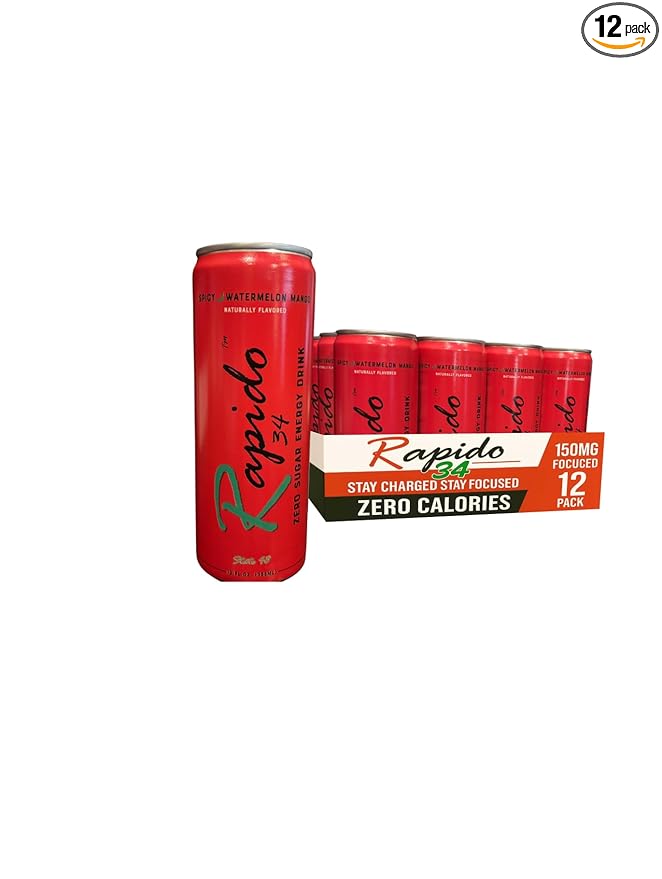 Rapido34 Energy Drink-Spicy Watermelon Mango-Zero Sugar-150mg Natural caffeine from Tea-Pre Workout-Clean Energy-12 Pack