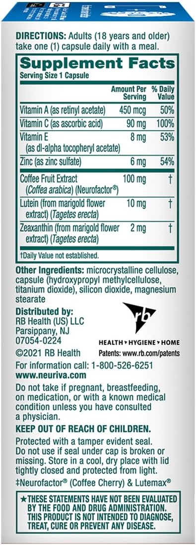 NEURIVA Brain + Eye Supplement for Memory Focus &amp Concentration with Clinically Tested Lutein and Zeaxanthin Vitamins A C &amp E + Zinc for Eye Health &amp Filter Blue Light 30 Count Capsules