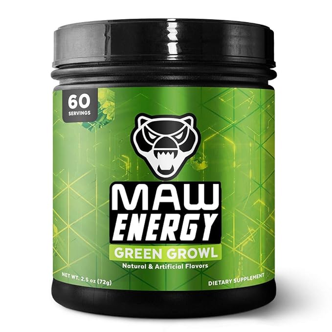 MAW Energy - Energy Drink for Gamers - Simple Powder Mix that Tastes Great - No Sugar - 60 Serving Jar (Green Growl))