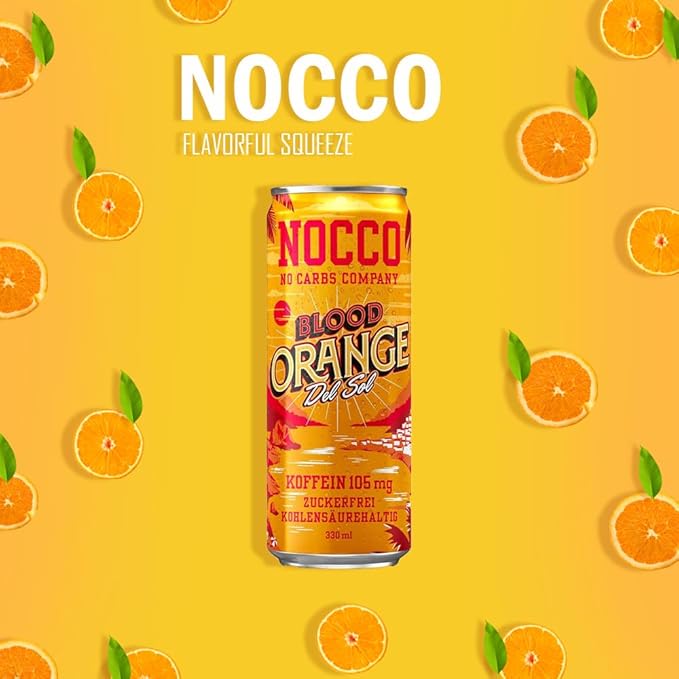 12 cans | NOCCO BCAA DRINK | Blood Orange Del Sol 330 ml | BCAA | 105 mg Caffeine | Energy Drink | Buxtrade