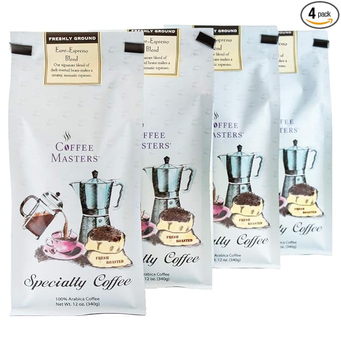 Coffee Masters Gourmet Coffee Euro Espresso Blend Ground 12-Ounce Bags (Pack of 4)