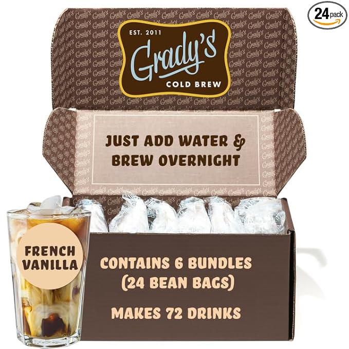 GRADY’S COLD BREW French Vanilla 100% Arabica Ground Coffee &amp Chicory Pouches | SIX Bundles of 4 Easy-to-Brew Bean Bags Makes 72 drinks