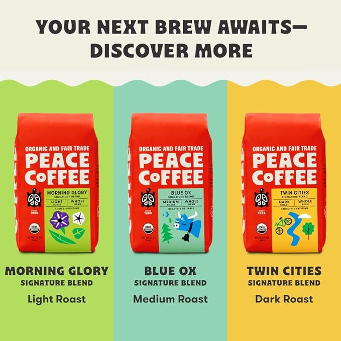 Peace Coffee Decaf French Roast Whole Bean Coffee Dark Roast 12 oz Pack of 3 Organic Fair Trade Nutty Bold Flavor Shade Grown Fresh Roasted