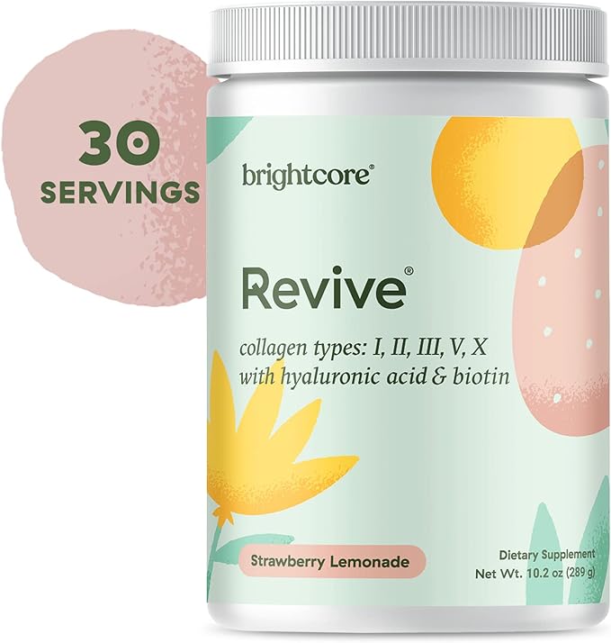 Brightcore Nutrition Revive Multi Collagen Protein Powder with Vitamin C and Hyaluronic Acid Non-GMO Gluten-Free Collagen Powder for Women and Men Strawberry Lemonade Flavor 30 Servings