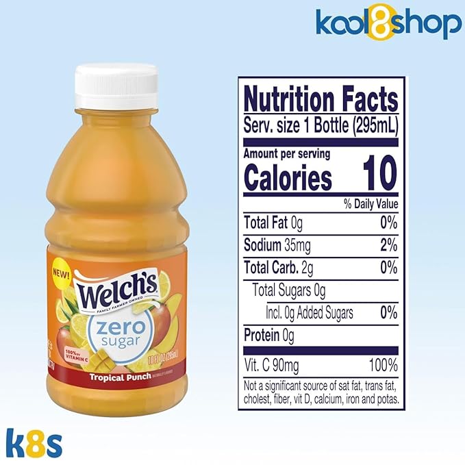 Welch's Zero Sugar Tropical Punch Juice Drink 10 fl oz Plastic Bottle 24 Pack + 2 Reusable Snack Bags by KOOL8SHOP Infinite Deals