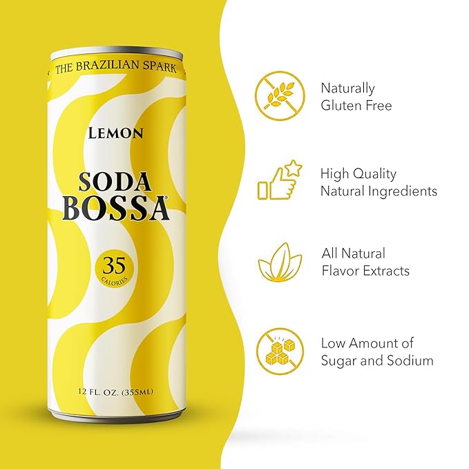 Soda Bossa Sparkling Lemon Flavor Low-Calorie Gluten Free &amp Guilt-Free Drink - Natural Craft Soda - 8-12 FL OZ Cans/Box (Pack of 1 Box)