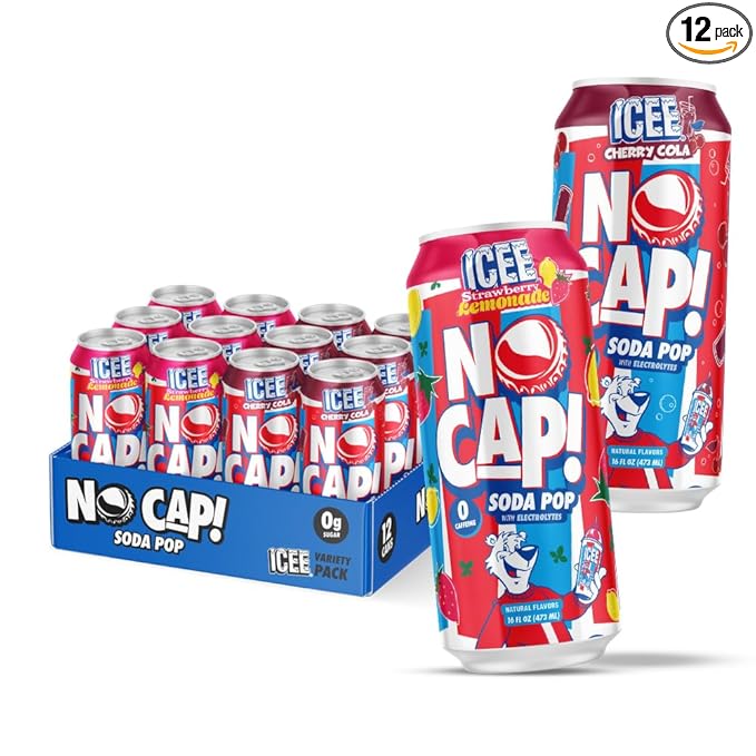 NO CAP! Next Gen Soda Pop Cherry Cola &amp Strawberry Lemonade Variety Pack Electrolytes for Hydration Zero Sugar Zero Calories Caffeine-Free Soda Vegan &amp Gluten-Free 16 oz Cans (12-Pack)
