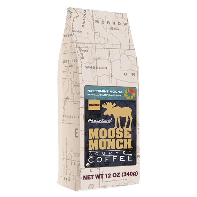 Harry &amp David Moose Munch Peppermint Mocha Flavored Gourmet Ground Coffee 100% Arabica Coffee - 12 Ounce (Pack of 6)