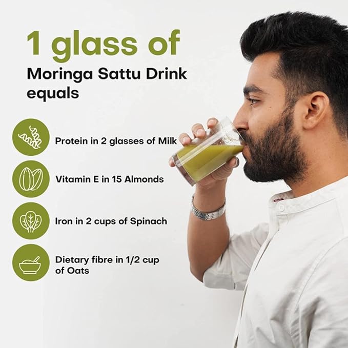 Moringa Sattu Drink Mix - 300g | Chana Sattu Protein Powder | Vegan Energy Drink | 8 Vitamin and Fibre Rich Nutrition Drink | 10.59 Ounce