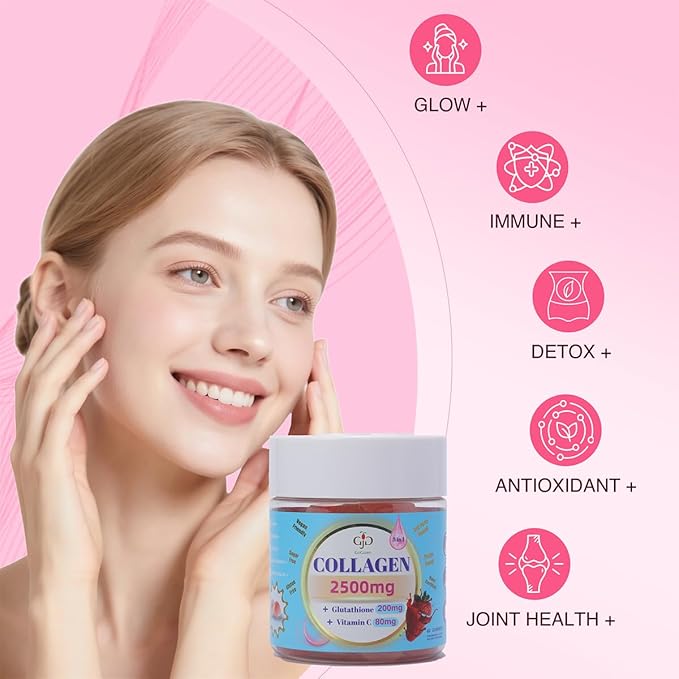Collagen Gummies 2500mg with Vitamin C &amp Glutathione for Skin Hair &amp Nails - Delicious Filled Gummies - Anti-Aging Dietary Supplement Support Hydration &amp Radiance - 60 Count for Women &am