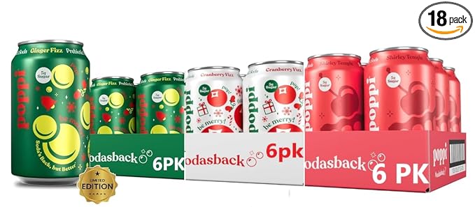 Prebiotic Soda Beverage with Apple Cider Vinegar Seltzer Water and Fruit Juice Holiday assorted flavor 12 oz18 pack (6 Ginger Fizz 6 cramberry fizz 6 Shirley Temple) all limited Edition!