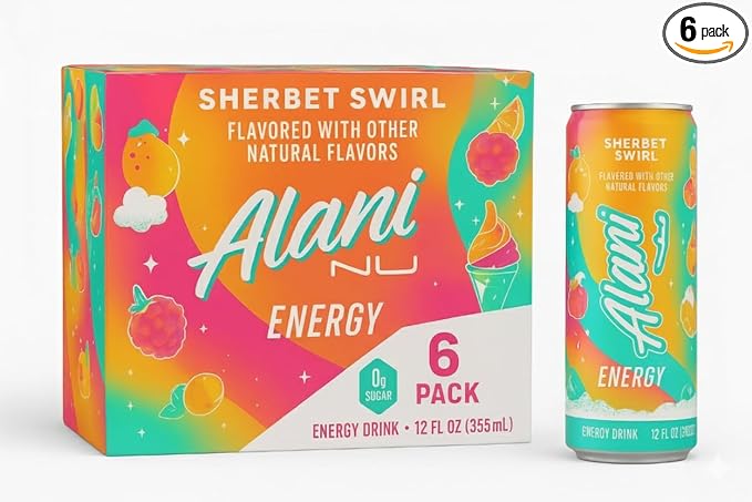 Alani Sherbet Swirl Energy Drinks sugar free low calorie energy drinks 12 Fl Oz Cans (Pack of 6)