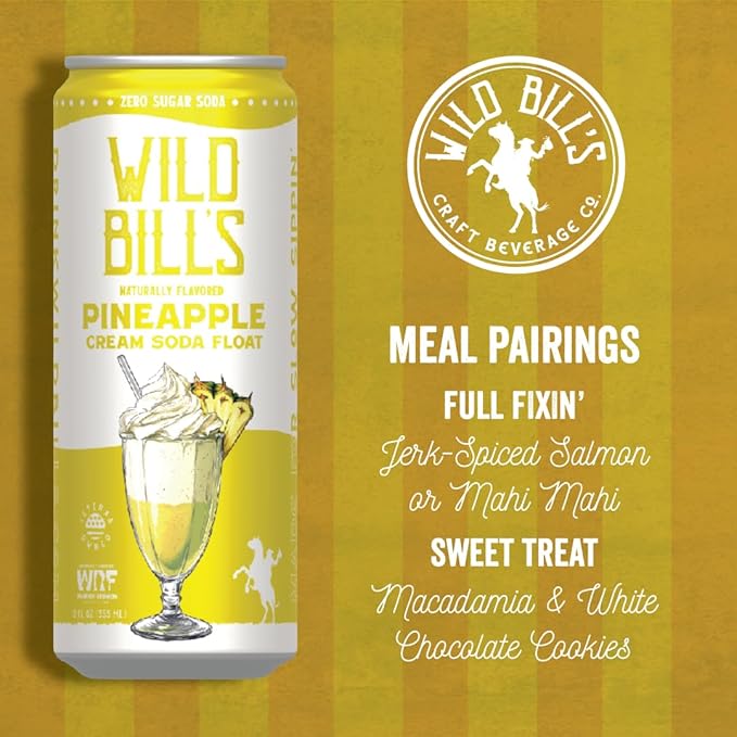 Pineapple - Wild Bill's Zero Sugar Cream Soda Zero Artificial Colors Flavors or Preservatives Naturally Sweetened (Individual 12oz Cans12-Pack)