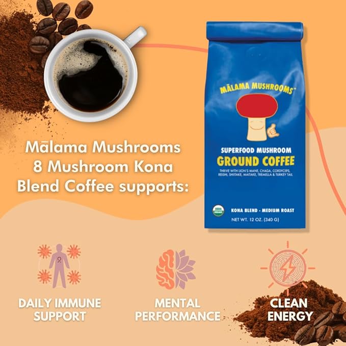 Organic Ground Mushroom Coffee by Malama | 8-Mushroom Superfood Blend with Lion’s Mane Reishi Cordyceps for Focus &amp Immune Support | Low Acid Smooth Bold Flavor Adaptogenic Energy | 12oz Bag