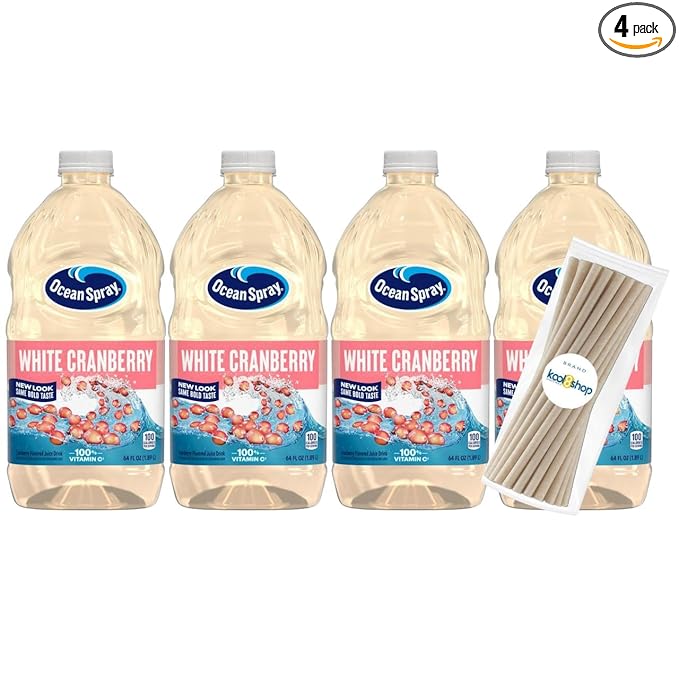 Ocean Spray White Cranberry Juice Drink 64 fl oz Plastic Bottles 4 Pack + 15 Sugarcane Disposable Straws by KOOL8SHOP Infinite Deals