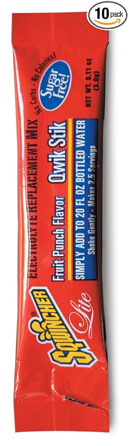 Sqwincher 060102-FP 0.11 oz Lite Qwik Stik Powder Concentrate Electrolyte Replacement Beverage Mix Fruit Punch Flavor (10 Bags of 50)