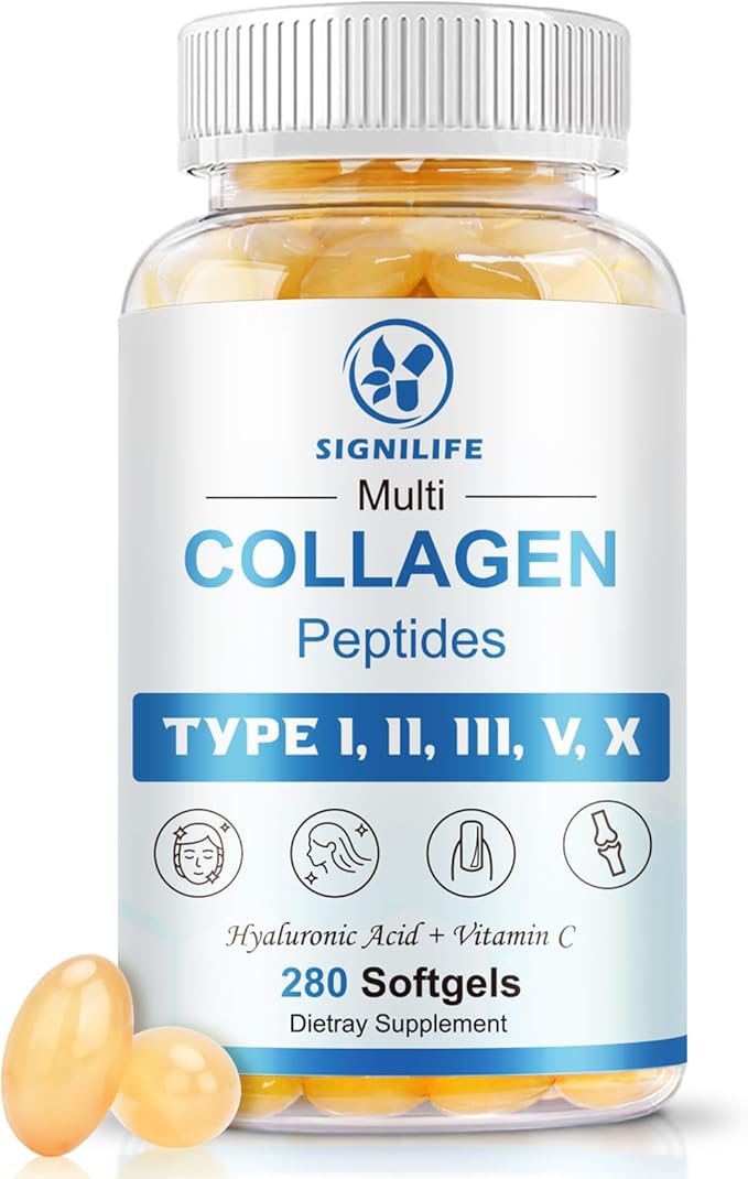 Multi Collagen Peptides for Women &amp Men Hydrolyzed Collagen Peptides-Type I II III V X - with Hyaluronic AcidVitamin CBiotinSupports Skin Hair Nail Non-GMO 280 Softgels