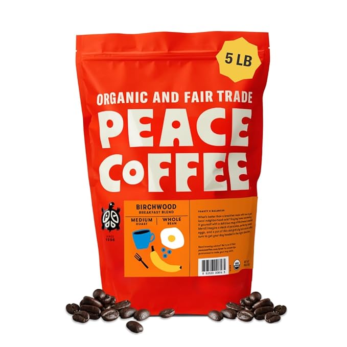 Peace Coffee Birchwood Breakfast Blend Medium Roast Whole Bean Coffee 5 lb Organic Fair Trade Smooth Mild Flavor Shade Grown Fresh Roasted