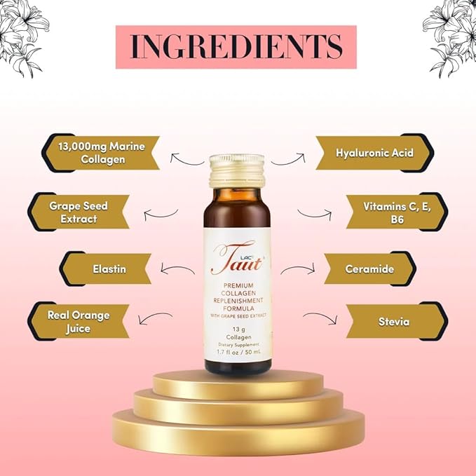 TAUT Liquid Collagen for Women – 13000mg Marine Collagen Drink with Hyaluronic Acid Grape Seed &amp Elastin – Visible Skin Hair &amp Joint Support – 2 Box (8 Bottles Each)