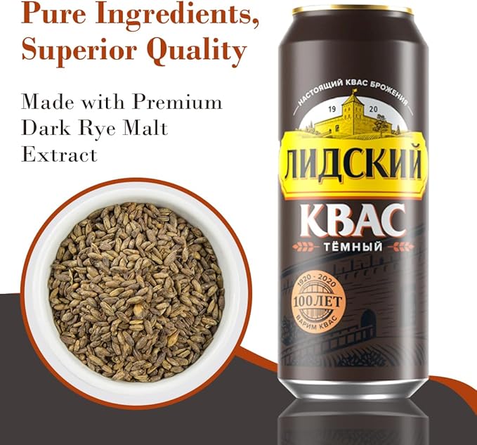 Authentic Eastern European Fermented Kvass LIDSKI Dark Drink - Soft Drink Made with Rye Flour Rye &amp Barley Malt – Non Alcohol Russian Soda - 6-Pack of Kvass Drink Can15.20 fl. oz (0.45L)