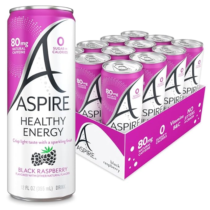 ASPIRE® Black Raspberry Healthy Energy Drink 80mg Natural Caffeine Zero Sugar No Carbs Keto Friendly 12 Pack Green Tea Sugar Free Drink Low Caffeine Zero Calorie