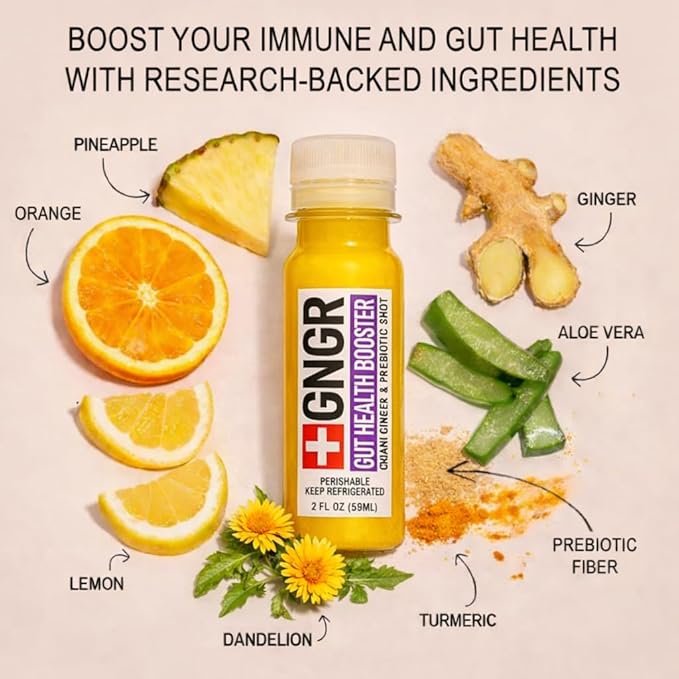 +GNGR Gut Health Shot – Prebiotic and Probiotic for Women &amp Men - Digestive &amp Immune Support Organic Ginger Shot with Apple Cider Vinegar Turmeric Aloe Vera 2 fl oz (12-Pack)