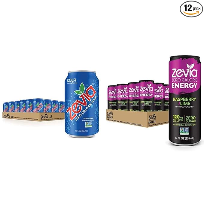 Zevia Zero Calorie Soda Cola 12 Ounce Cans (Pack of 24) and Zevia Zero Calorie Energy Drink Raspberry Lime 12 Ounce Cans (Pack of 12)