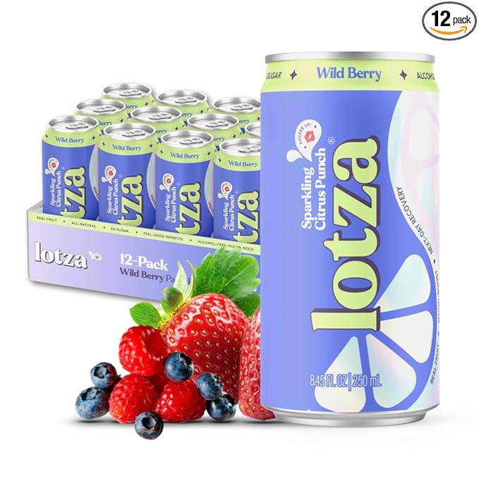 Lotza Sparkling Non-Alcoholic Adaptogen Drink with Electrolytes | Non-Alcoholic Mocktail &amp Drink Mixer| Antioxidants &amp Real Fruit (Pack of 12) Wild Berry
