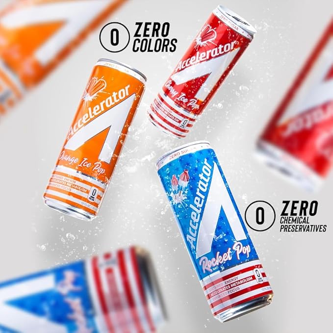 Accelerator Energy DrinkRocket Pop 12oz canZero SugarSustained Energy from 100% Natural Caffeine (200mg from Green Coffee Bean &amp Green Tea extract)(Pack of 24)