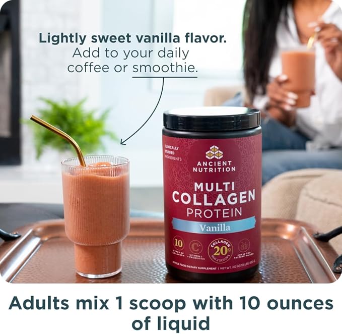 Ancient Nutrition Collagen Peptides Powder Multi Collagen Protein Women &amp Men Vitamin C Probiotics Hydrolyzed Collagen Supports Skin Joints Gut Health Vanilla 24 Servings