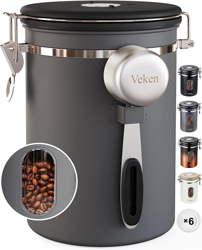 Veken Coffee Canister with WindowAirtight Stainless Steel Kitchen Food Storage Container Date Tracker &amp Scoop for Grounds Coffee Beans Tea Flour CerealSugar22OZGrey