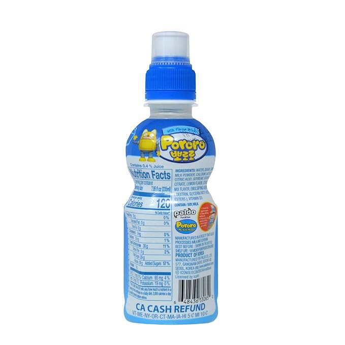 Paldo Fun &amp Yum Pororo Kids Milk Flavor Drink Pack of 8 Fruit Juice Drinks with Comfortable Push-Pull Sports Cap Perfect Drink for Children 7.95 fl oz. x 8