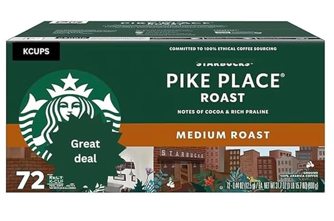 Starbuks Pike Place Roast Medium Roast K'Cup Pods 72 Count - Single-Serve Coffee Pods for kcups-Brewers - Smooth Balanced Flavor - Perfect for Morning Coffee