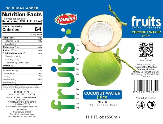 NASAMI Coconut Water Original Flavor Made with Fresh Coconut Water Plant Based - Non GMO Canned Water - Natural Hydration Essential Electrolytes &amp Potassium 11.1 FL OZ Cans Pack of 24