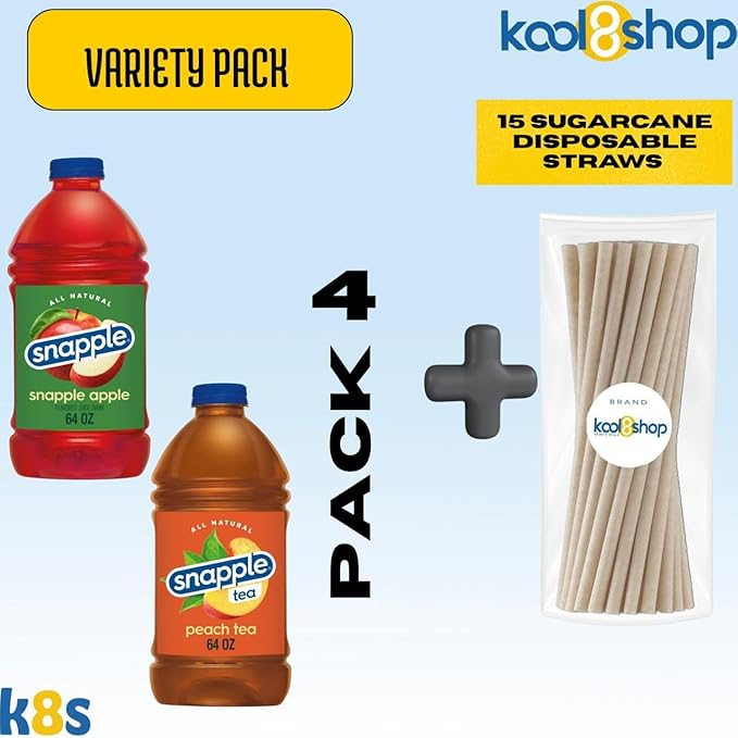 Snapple Variety Pack All Natural Fruit Juice 64 fl oz Plastic Bottle 4 Pack + 15 Sugarcane Disposable Straws by KOOL8SHOP Infinite Deals