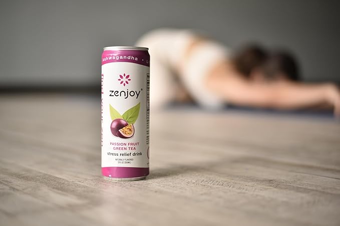 Zenjoy Stress Relief Drink Calming Green Tea Non Alcoholic Ashwagandha &amp Lemon Balm for Stress Relief L - Theanine for Focus (12 Pack) (Passion Fruit)