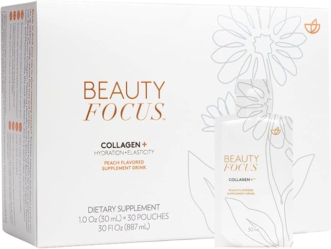 Nu Skin Beauty Focus Collagen+ | Marine Collagen Liquid Supplement with Lutein &amp Wheat Lipids | Supports Skin Hydration Elasticity &amp Smooth Appearance | 30 Pouches | Peach