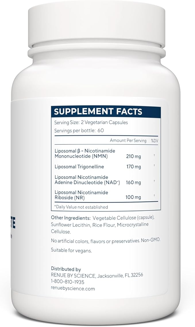 RENUE by SCIENCE NAD+ Complete | 120 Liposomal NAD Supplement Capsules with NMN NR &amp Trigonelline - 310mg NMN &amp 160mg NAD per Serving | Bioavailable Formula for Increased Absorption | Made in