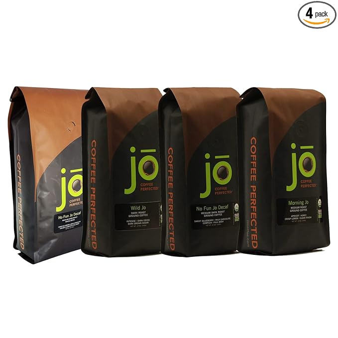 JO COFFEE: Ground Coffee Bundle Morning Jo Coffee 12 oz No Fun Jo Decaf Coffee 12 oz and 2 lb Wild Jo Dark French Roast Coffee 12 oz Swiss Water Process USDA Certified Gluten-Free