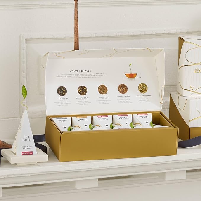 Tea Forte Premium Petite Presentation Box Gift Set Sampler 10 Count 2 of Each Blend Individually Wrapped Handcrafted Pyramid Infuser Bags Winter Chalet