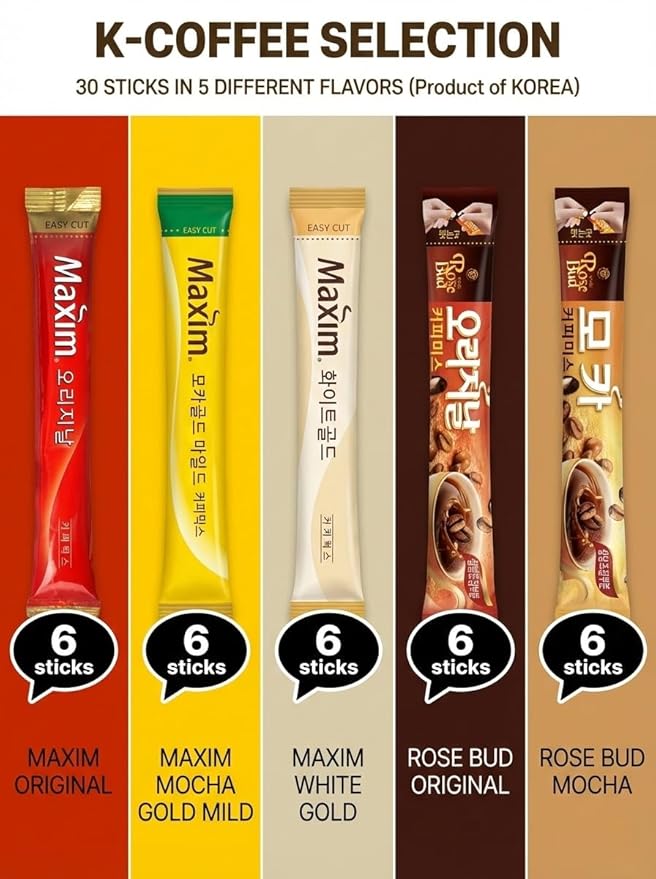 Korean Instant Coffee Packets Mix - 30 Sticks Variety Pack with Dalgona Candy &amp Rice Snacks | 5 Flavors Gift Set (Maxim Original Mocha Gold)