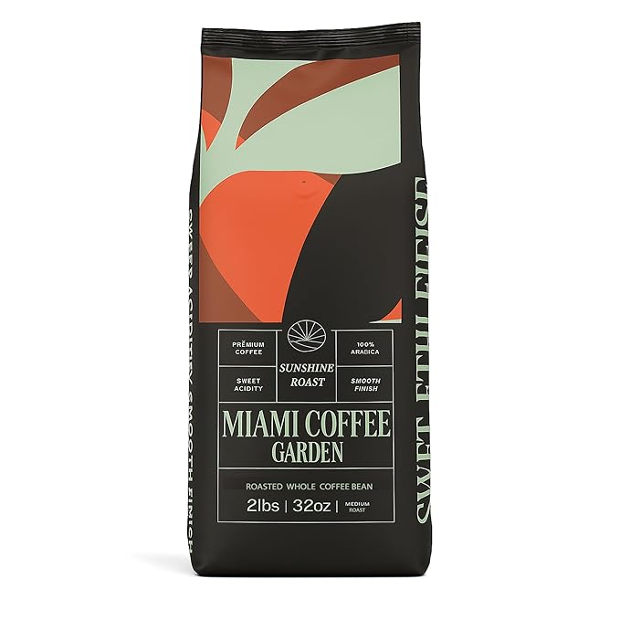 Miami Coffee Garden Sunshine Roast Brazilian Premium Coffee Rich and Balanced 100% Arabica Beans Low Acid Single Origin Finest Coffee Whole Beans 2 Lb Bag