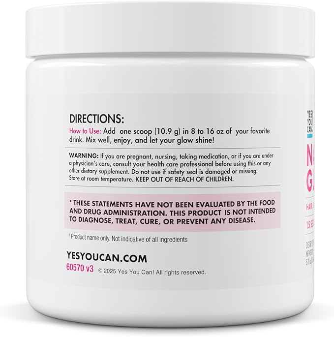 Yes You Can! Natural Glow Beauty Collagen Powder – 10g Hydrolyzed Collagen with Biotin Hyaluronic Acid Vitamins C &amp E – Skin Hair &amp Nail Support – 15 Servings (Unflavored)