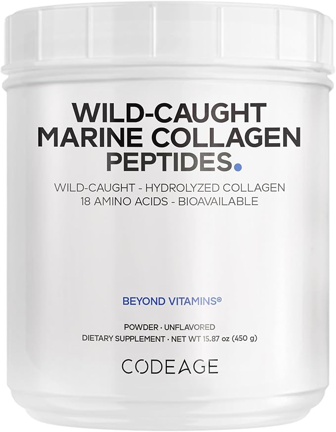Codeage Marine Collagen Powder - Wild-Caught Hydrolyzed Fish Collagen Peptides - Type 1 &amp 3 Collagen Protein Supplement - Amino Acids for Skin Hair Nails - Paleo Friendly Non-GMO 15.87 Ounces